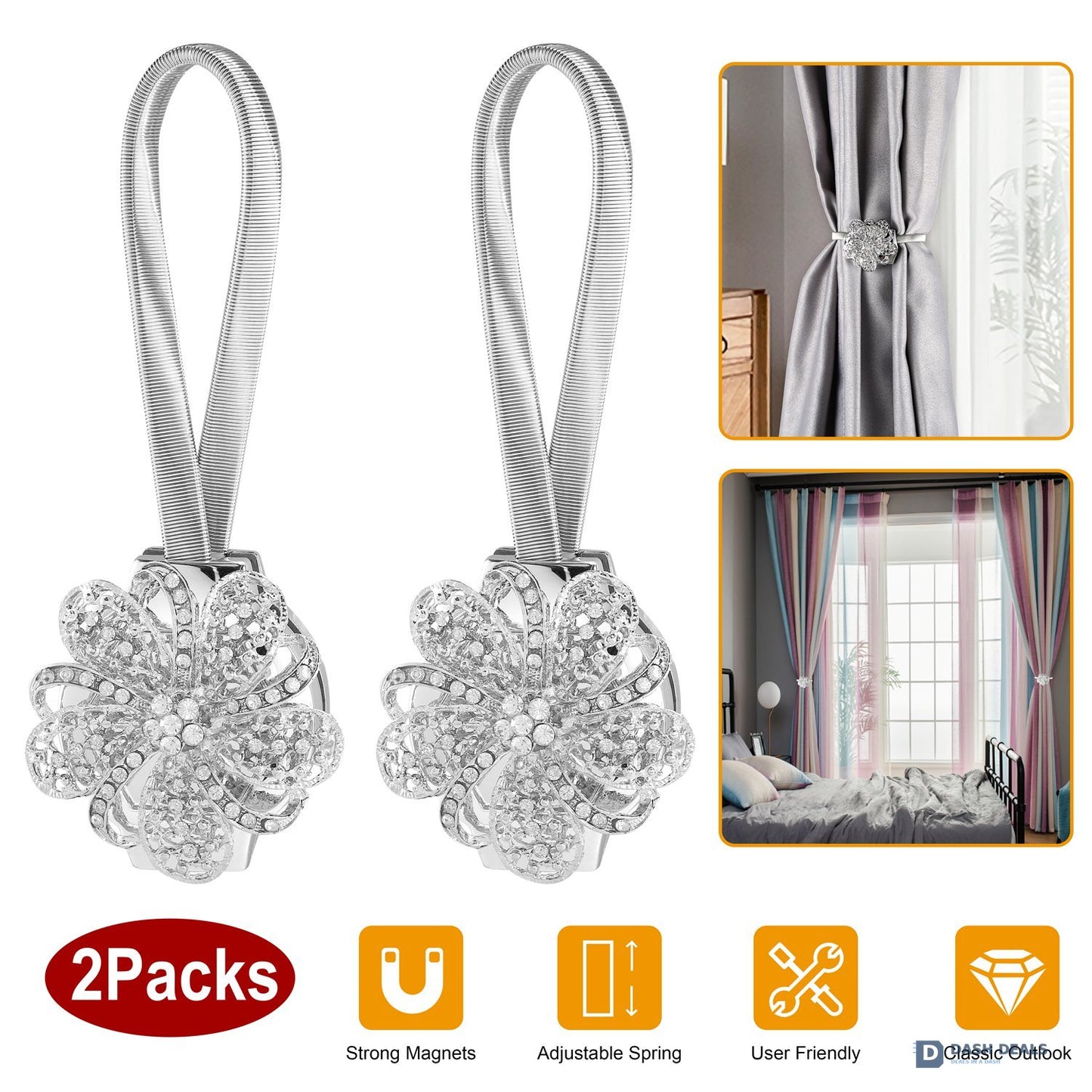 Magnetic Curtain Tiebacks 2-Pack — Extendable Floral Drape Holders, Decorative Window Clips