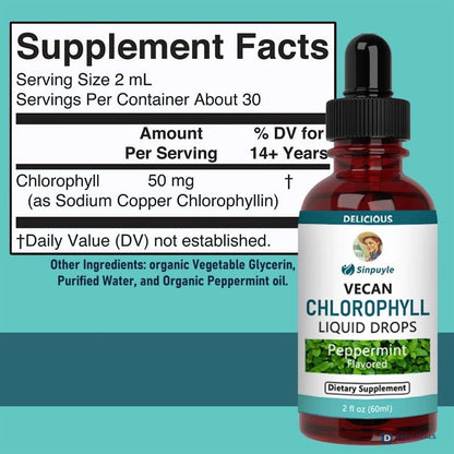 Vegan Chlorophyll Liquid Drops - Peppermint Flavored Detox Supplement, 60ml Daily Wellness Tonic for Fresh Breath & Antioxidant Support