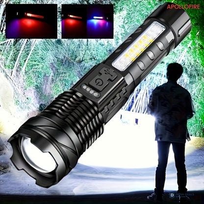 LED Rechargeable Flood Flashlight - Adjustable Focus Handheld Torch, Water-Resistant for Outdoor Camping, Fishing, Hunting, Climbing & Emergency