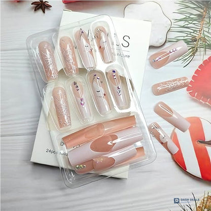 Diamond Deer Snowflake Press On Nails - 24 PCS Short Almond Cute Gel Press On Nails Set with Glue, Festive Holiday Reusable Fake Nails for Women
