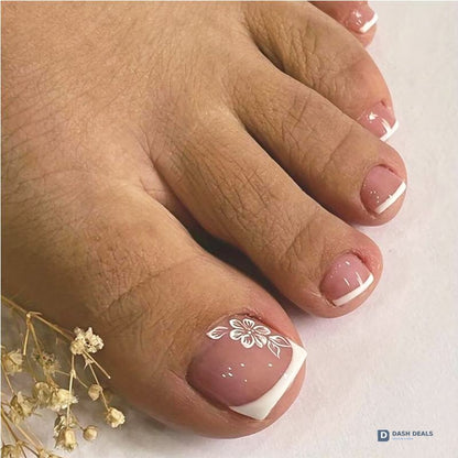 White Flower Press On Toenails - 24 PCS French Tip Floral Stick On Fake Toe Nails for Women, Short Square Glue On Pedicure Set