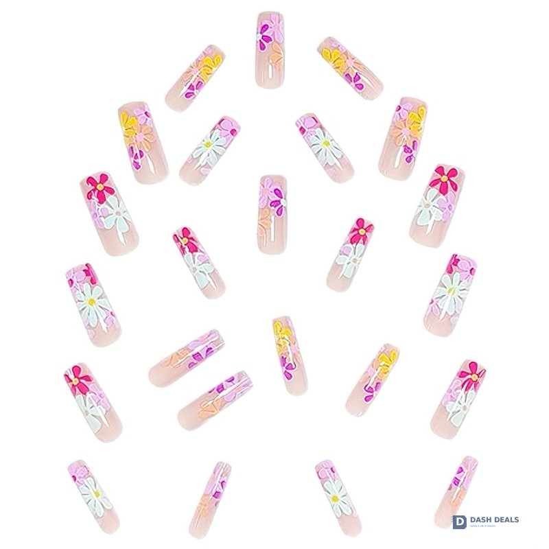 Long Flat Flower Press-On Nails 24 PCS — Floral Nail Art Set, At-Home Manicure