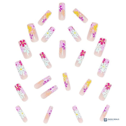 Long Flat Flower Press-On Nails 24 PCS — Floral Nail Art Set, At-Home Manicure