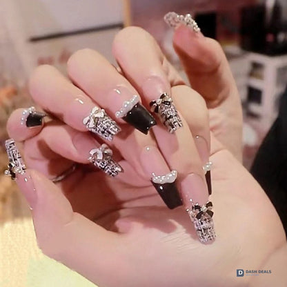 Black & White CC Press-On Nails 24 PCS — Designer Logo Nail Art Set, Short Length