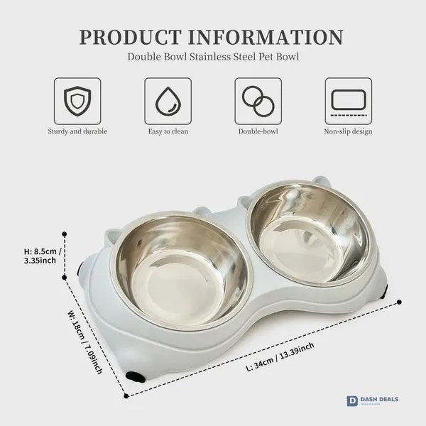 Macaron Pink Stainless Steel Pet Bowls — Dual 600ml, Non-Slip, Dishwasher Safe