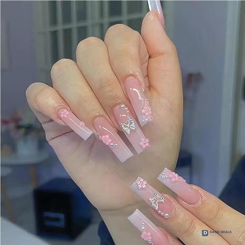 Flower Diamond Butterfly Press-On Nails 24 PCS — Sparkle Floral Nail Art Set