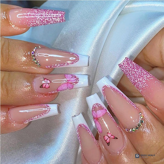Glitter Butterfly Press-On Nails 24 PCS — Sparkle Powder Nail Art Set, Short Length