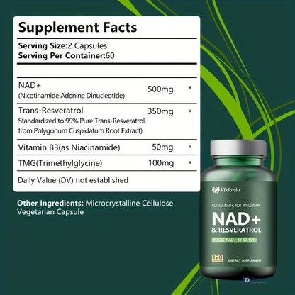 NAD+ Resveratrol Supplement 120 Capsules - Cellular Wellness & Energy Support Formula for Men & Women