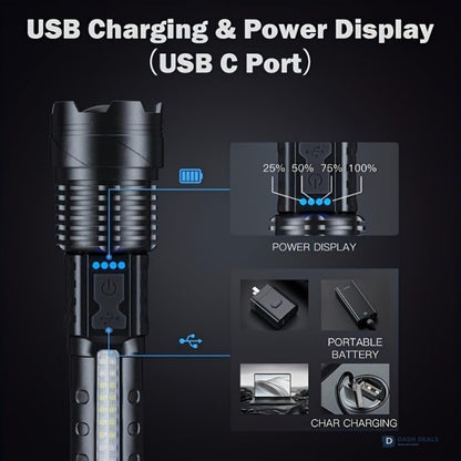 LED Rechargeable Flood Flashlight - Adjustable Focus Handheld Torch, Water-Resistant for Outdoor Camping, Fishing, Hunting, Climbing & Emergency