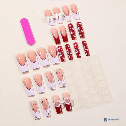 Strawberry Bow Press-On Nails 24 PCS — Cute Coquette Nail Art Set, Short Length