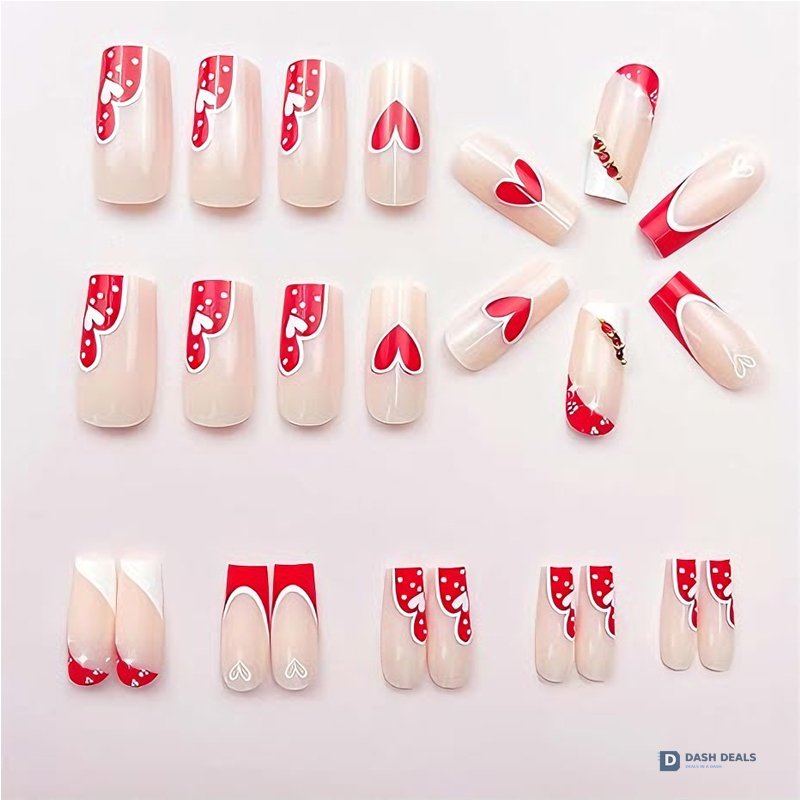 Red & White Heart Press-On Nails 24 PCS — Two-Tone Romantic Nail Art for At-Home Manicure
