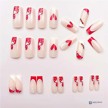 Red & White Heart Press-On Nails 24 PCS — Two-Tone Romantic Nail Art for At-Home Manicure
