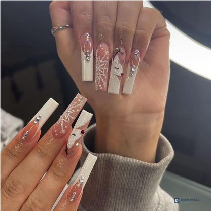 Diamond Deer Snowflake Press On Nails - 24 PCS Short Almond Cute Gel Press On Nails Set with Glue, Festive Holiday Reusable Fake Nails for Women
