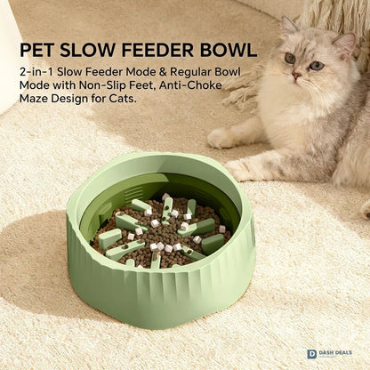 2-in-1 Cat Slow Feeder Bowl — Switchable Fast & Slow Feed, Large Plastic for Wet & Dry Food