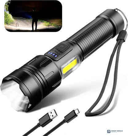 LED Rechargeable Tactical Flashlight 10,000 Lumen Rated - USB Tactical Torch with 4 Modes, Zoomable Beam, IPX4 Waterproof for Camping & Emergency