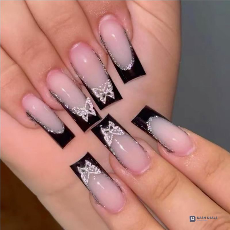 Black Pink Butterfly Press-On Nails 24 PCS — Bold Two-Tone Nail Art, At-Home Manicure