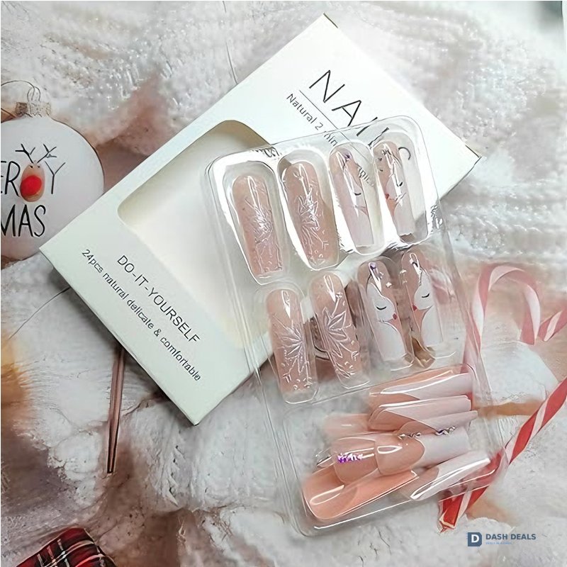 Diamond Deer Snowflake Press On Nails - 24 PCS Short Almond Cute Gel Press On Nails Set with Glue, Festive Holiday Reusable Fake Nails for Women