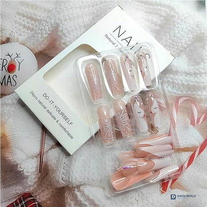 Diamond Deer Snowflake Press On Nails - 24 PCS Short Almond Cute Gel Press On Nails Set with Glue, Festive Holiday Reusable Fake Nails for Women