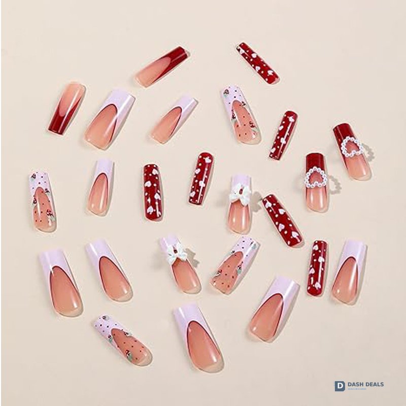 Strawberry Bow Press-On Nails 24 PCS — Cute Coquette Nail Art Set, Short Length