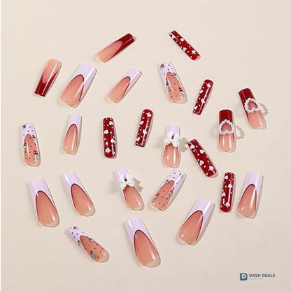 Strawberry Bow Press-On Nails 24 PCS — Cute Coquette Nail Art Set, Short Length