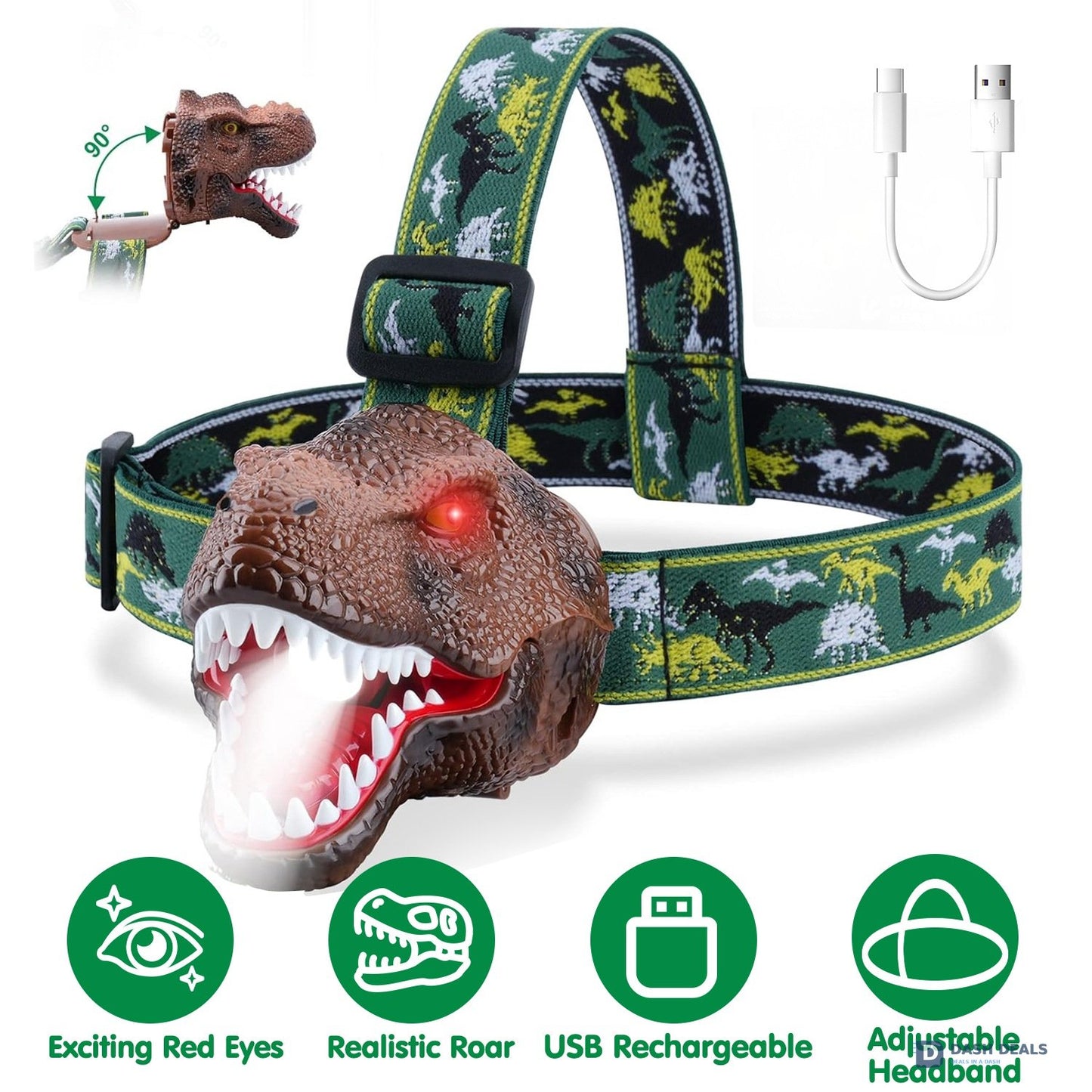 Dinosaur Headlamp for Kids - LED Headlight with Realistic Roar Sound, 4 Modes & Adjustable Headband, Camping Gear Gift for Boys & Girls