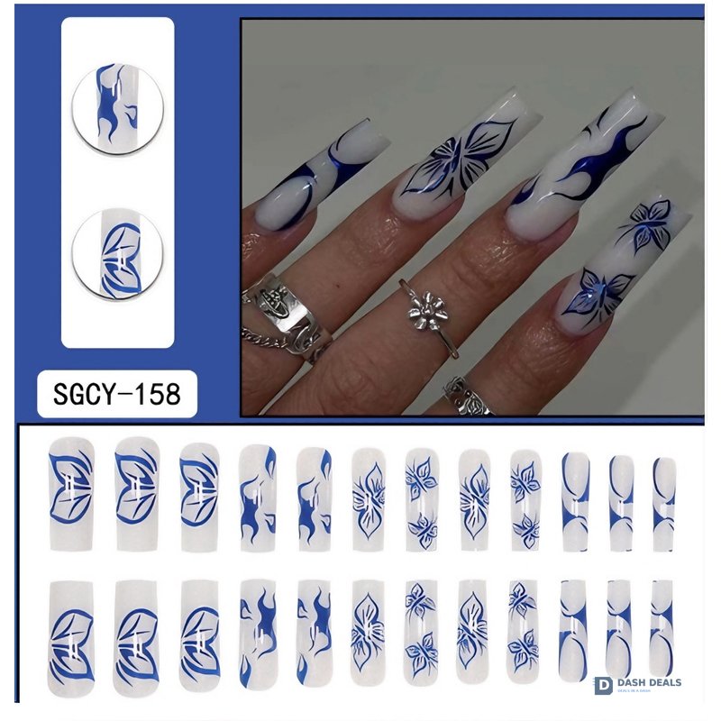 Blue Butterfly Press-On Nails 24 PCS — Vibrant Nail Art Set, Short Length At-Home Manicure