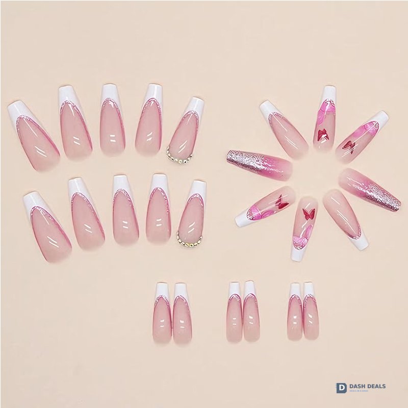 Glitter Butterfly Press-On Nails 24 PCS — Sparkle Powder Nail Art Set, Short Length