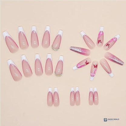 Glitter Butterfly Press-On Nails 24 PCS — Sparkle Powder Nail Art Set, Short Length