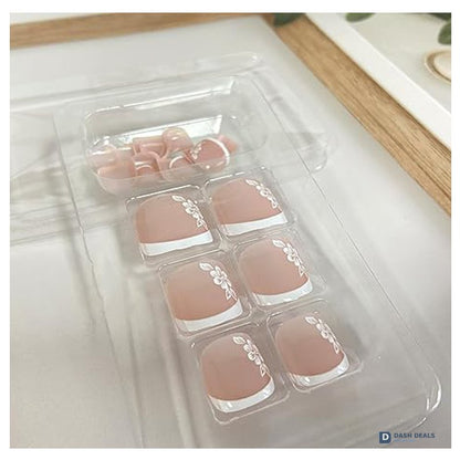 White Flower Press On Toenails - 24 PCS French Tip Floral Stick On Fake Toe Nails for Women, Short Square Glue On Pedicure Set
