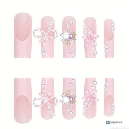 Bow Knot Press-On Nails 24 PCS — Cute Short Press On Nail Art Set, At-Home Manicure
