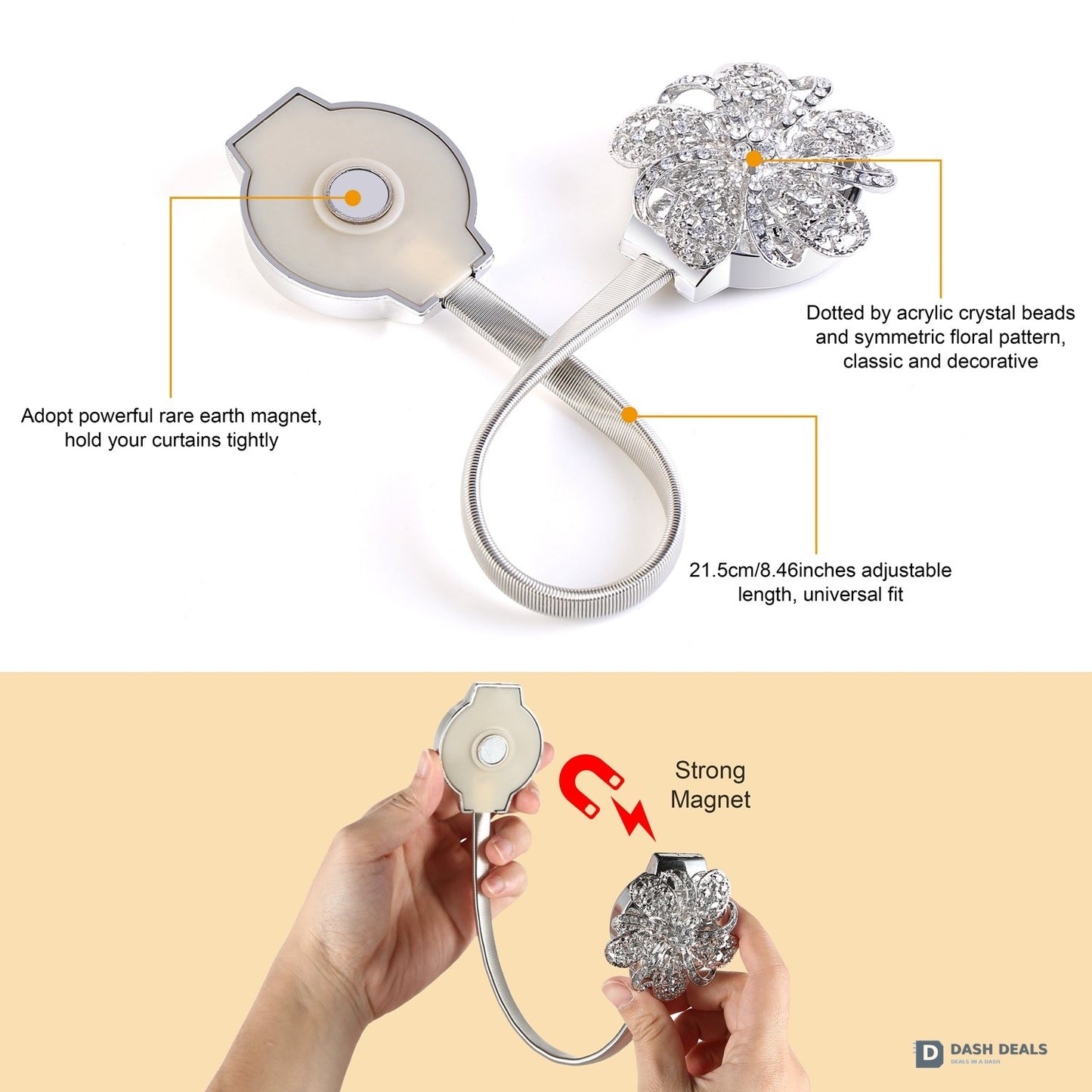 Magnetic Curtain Tiebacks 2-Pack — Extendable Floral Drape Holders, Decorative Window Clips