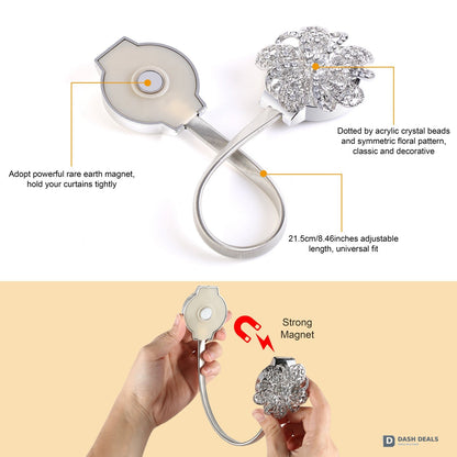 Magnetic Curtain Tiebacks 2-Pack — Extendable Floral Drape Holders, Decorative Window Clips