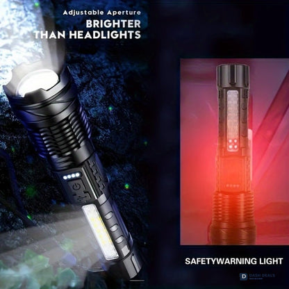 LED Rechargeable Flood Flashlight - Adjustable Focus Handheld Torch, Water-Resistant for Outdoor Camping, Fishing, Hunting, Climbing & Emergency