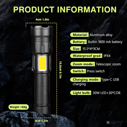 LED Rechargeable Tactical Flashlight 10,000 Lumen Rated - USB Tactical Torch with 4 Modes, Zoomable Beam, IPX4 Waterproof for Camping & Emergency