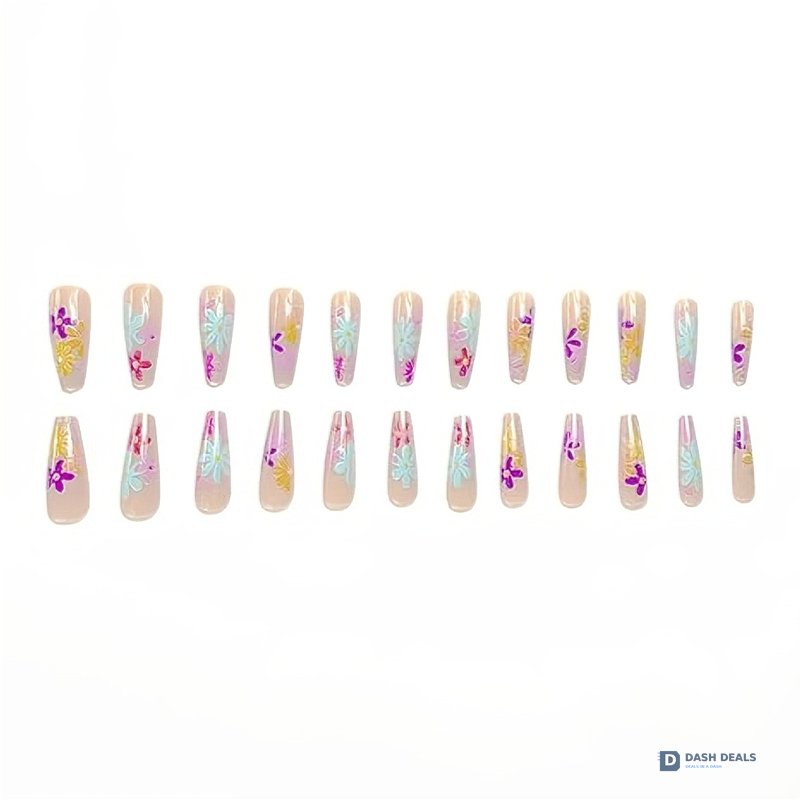 Long Flat Flower Press-On Nails 24 PCS — Floral Nail Art Set, At-Home Manicure