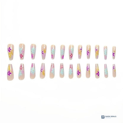 Long Flat Flower Press-On Nails 24 PCS — Floral Nail Art Set, At-Home Manicure