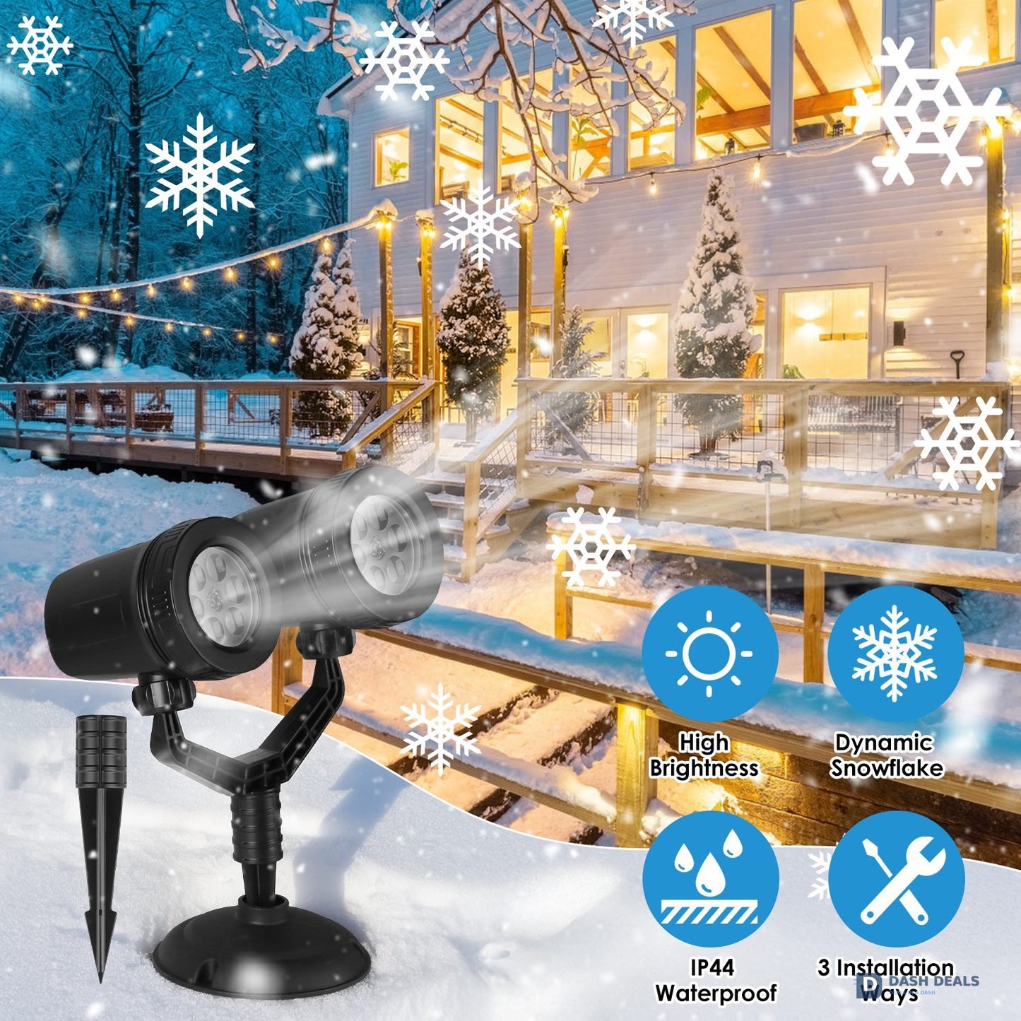 Christmas Snowflake Projector Light - Dual-Head LED Stake Light, IP44 Waterproof Holiday Decoration for Indoor & Outdoor Garden, Patio, Walls