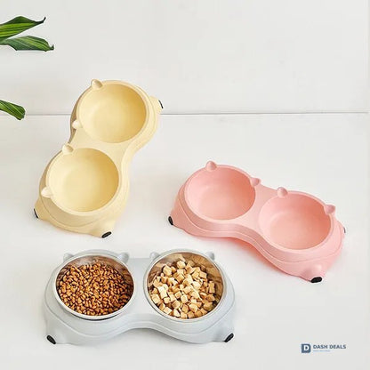 Macaron Pink Stainless Steel Pet Bowls — Dual 600ml, Non-Slip, Dishwasher Safe