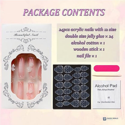 Planet Pearl Flower Press On Nails - 24 PCS Short Almond Pearl Floral Gel Press On Nails Set, Cute Wedding Bridal Fake Nails for Women