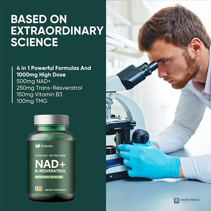 NAD+ Resveratrol Supplement 120 Capsules - Cellular Wellness & Energy Support Formula for Men & Women