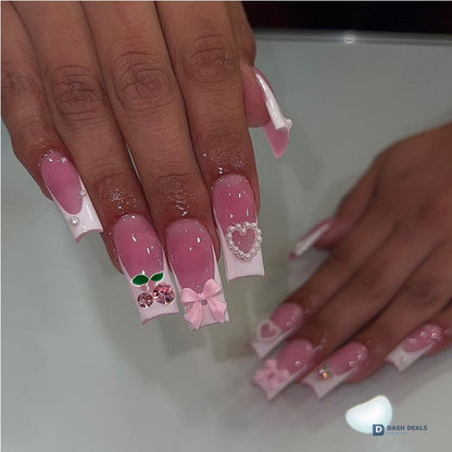 Cherry Bow Press On Nails - 24 PCS Short Almond Coquette Pink Gel Press On Nails Set, Cute Trendy Y2K Fake Nails for Women