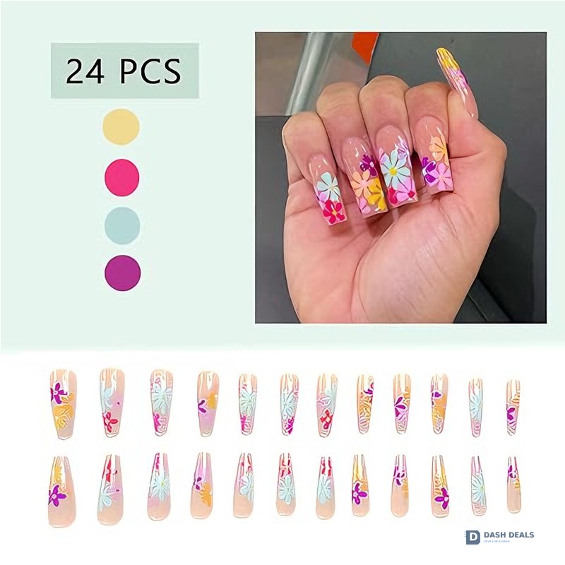 Long Flat Flower Press-On Nails 24 PCS — Floral Nail Art Set, At-Home Manicure