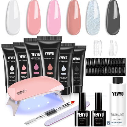 6 PCS Polygel Nail Kit with UV Lamp - Builder Gel Set with Nail Brush, Forms, Top & Base Coat - Complete Polygel Starter Tools