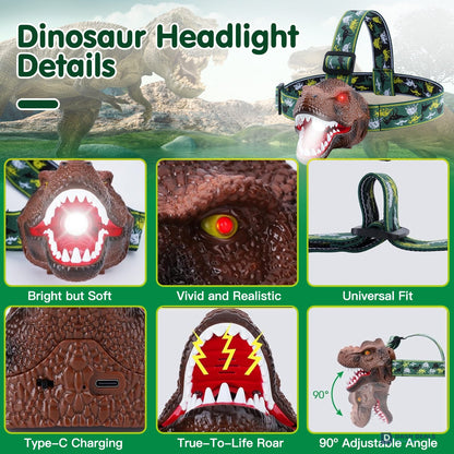 Dinosaur Headlamp for Kids - LED Headlight with Realistic Roar Sound, 4 Modes & Adjustable Headband, Camping Gear Gift for Boys & Girls