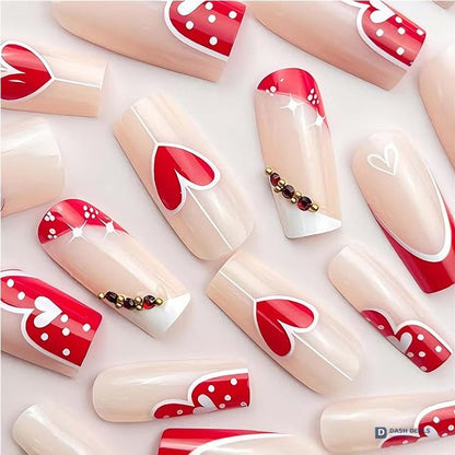 Red & White Heart Press-On Nails 24 PCS — Two-Tone Romantic Nail Art for At-Home Manicure