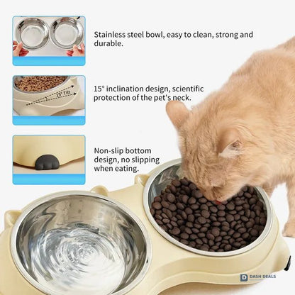 Macaron Pink Stainless Steel Pet Bowls — Dual 600ml, Non-Slip, Dishwasher Safe
