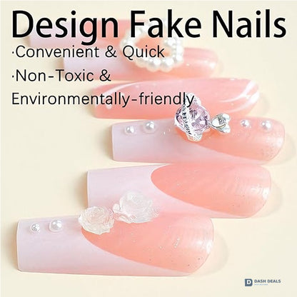 Planet Pearl Flower Press On Nails - 24 PCS Short Almond Pearl Floral Gel Press On Nails Set, Cute Wedding Bridal Fake Nails for Women
