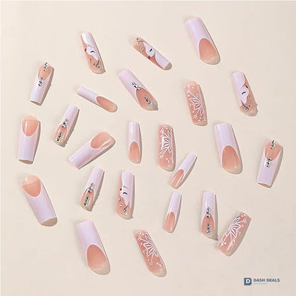 Diamond Deer Snowflake Press On Nails - 24 PCS Short Almond Cute Gel Press On Nails Set with Glue, Festive Holiday Reusable Fake Nails for Women