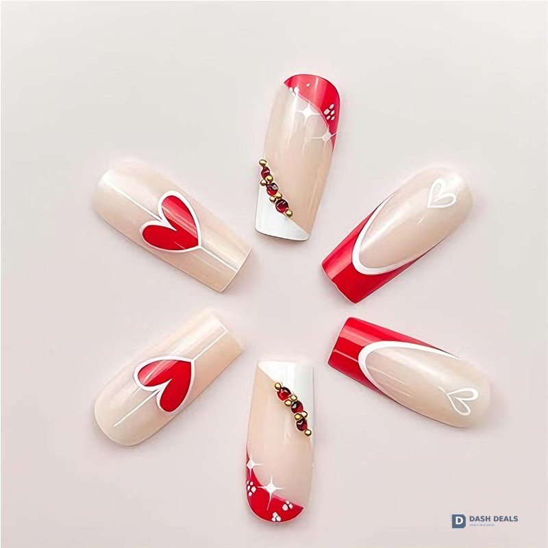 Red & White Heart Press-On Nails 24 PCS — Two-Tone Romantic Nail Art for At-Home Manicure