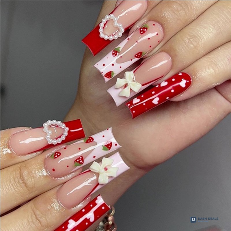 Strawberry Bow Press-On Nails 24 PCS — Cute Coquette Nail Art Set, Short Length